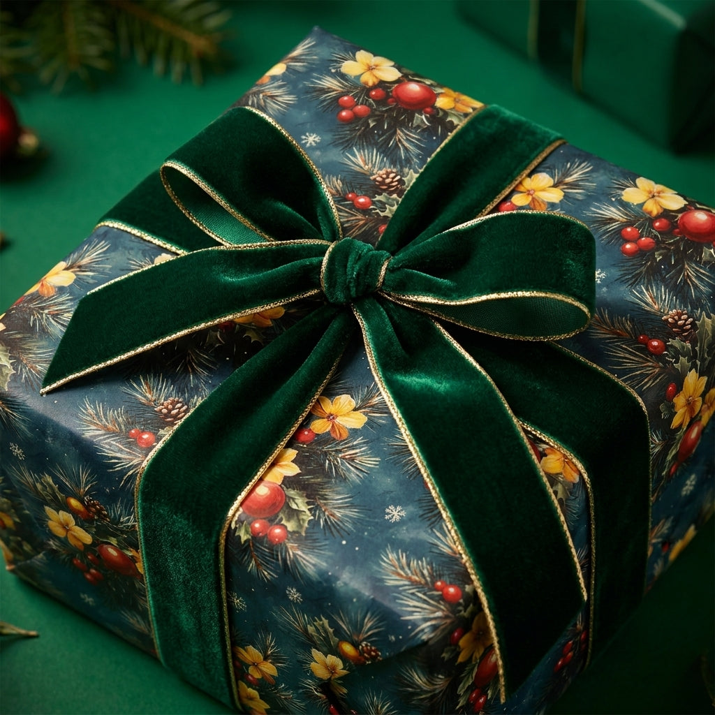 Luxury Christmas gift wrap with vintage botanical print and green velvet bow by Wrapped Studios.