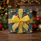 Luxury Christmas wrapping paper with teal floral pine pattern and yellow bow, by Wrapped Studios.