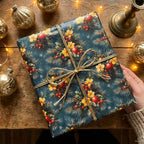 Elegant vintage Christmas wrapping paper with pine, berry, and floral pattern by Wrapped Studios.