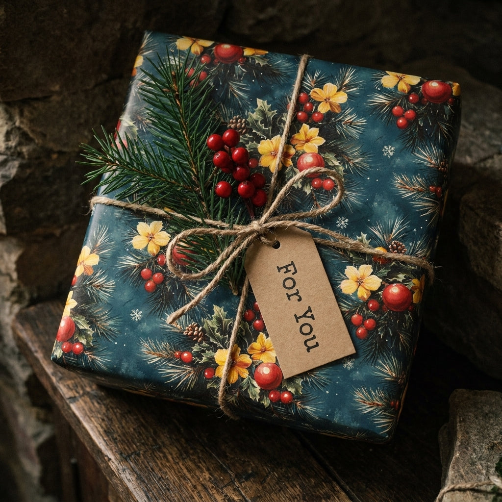 Christmas gift wrap with vintage floral pine pattern, rustic twine, and 'For You' tag by Wrapped Studios.