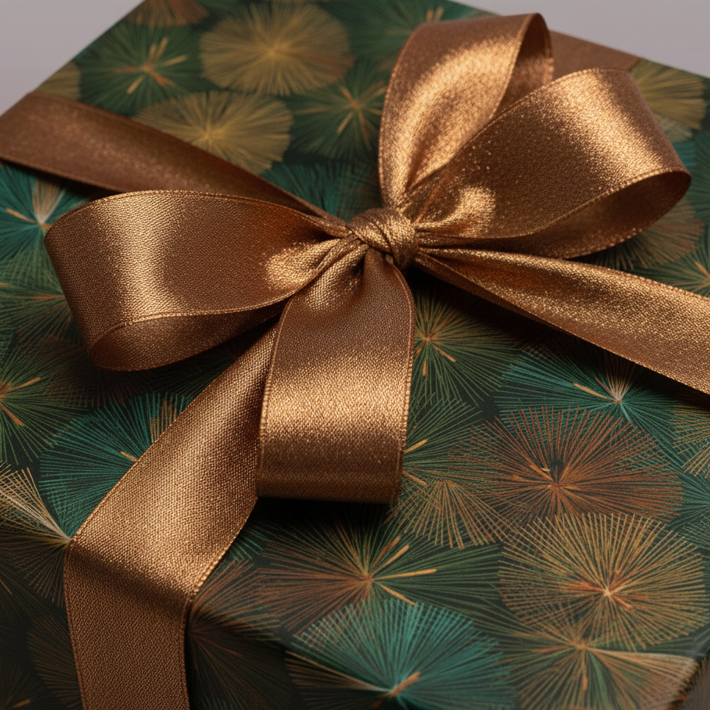 Close-up of a gift wrapped in modern floral wrapping paper with a bronze satin ribbon, ideal for birthdays or Christmas.