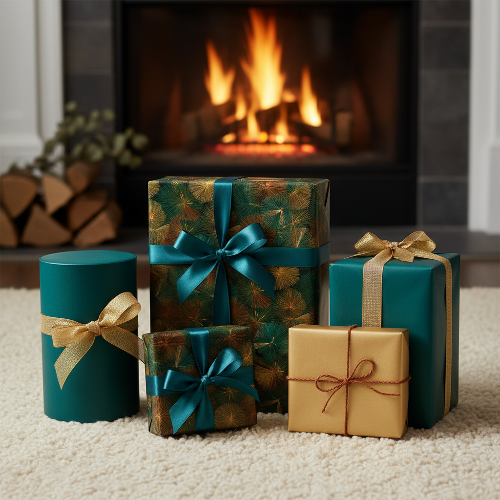 Elegant teal and gold Christmas gift wrap with ribbon bows by a warm fireplace.