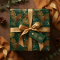 Elegant Christmas gift wrap with gold ribbon, featuring a green tag with a tree and pinecone design.
