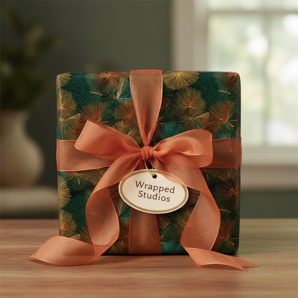 Elegant gift wrapped in green & gold geometric wrapping paper with copper ribbon and "Wrapped Studios" tag.