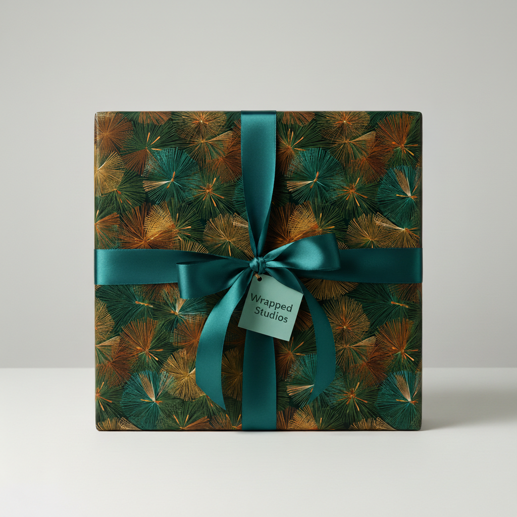 Elegant gift box wrapped in modern green and gold wrapping paper with a teal satin ribbon and bow.