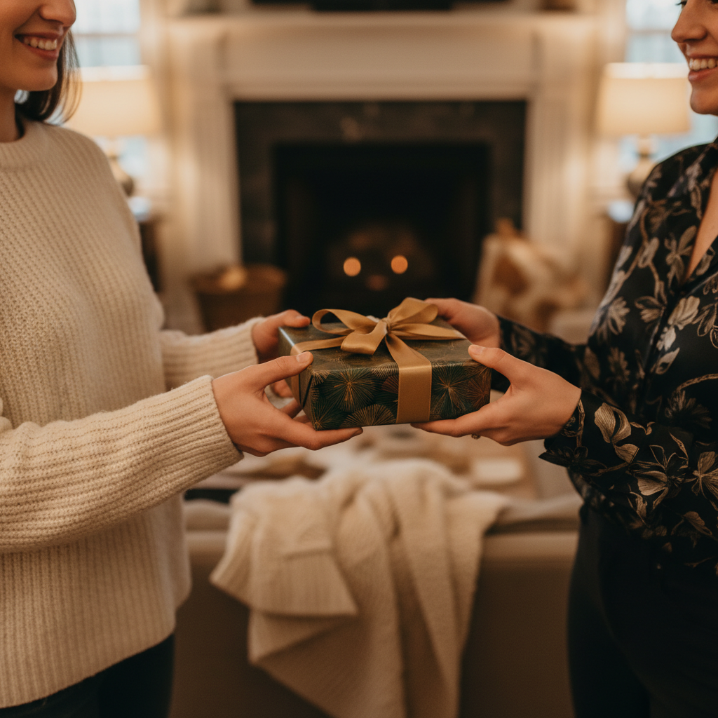 Two women exchanging a gift wrapped in elegant floral wrapping paper with a gold ribbon.