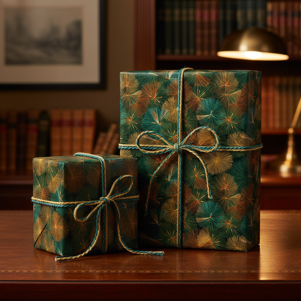 Elegant gift boxes wrapped in emerald green and gold geometric wrapping paper with twine bows.