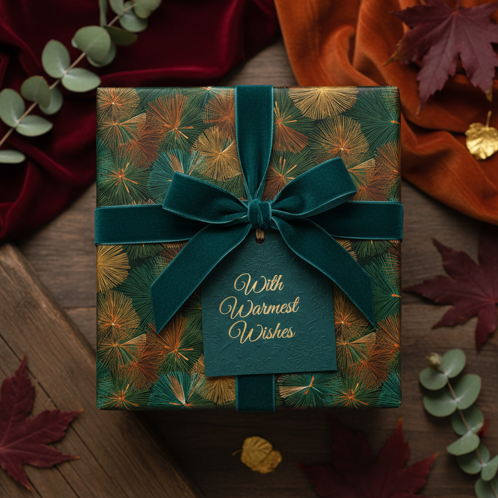Elegant gift wrapped in green floral wrapping paper with a velvet ribbon and a "With Warmest Wishes" tag.