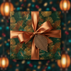Elegant gift box wrapped in green and gold starburst wrapping paper with a copper ribbon and leaf charm.