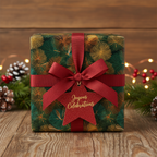 Elegant Christmas gift wrapped in green and gold geometric paper with a red ribbon and star tag.
