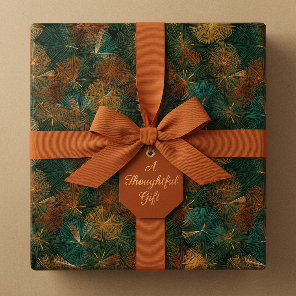 Wrapped present with green floral wrapping paper, burnt orange ribbon and tag.