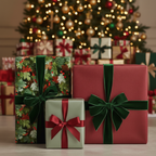 Elegant Christmas gifts wrapped in floral & solid paper, tied with velvet ribbons, under a lit tree.