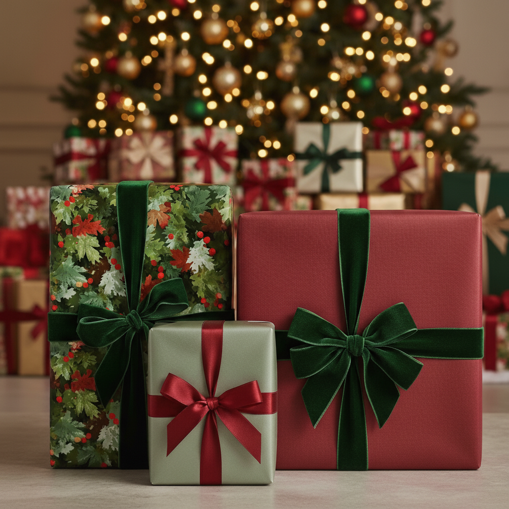 Elegant Christmas gifts wrapped in floral & solid paper, tied with velvet ribbons, under a lit tree.