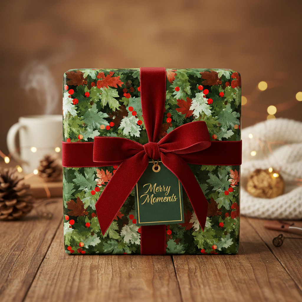Square gift wrapped in floral Christmas wrapping paper with velvet red ribbon and tag.