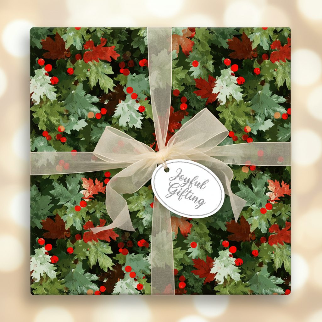Square gift wrapped in floral Christmas wrapping paper with sheer ribbon and tag.