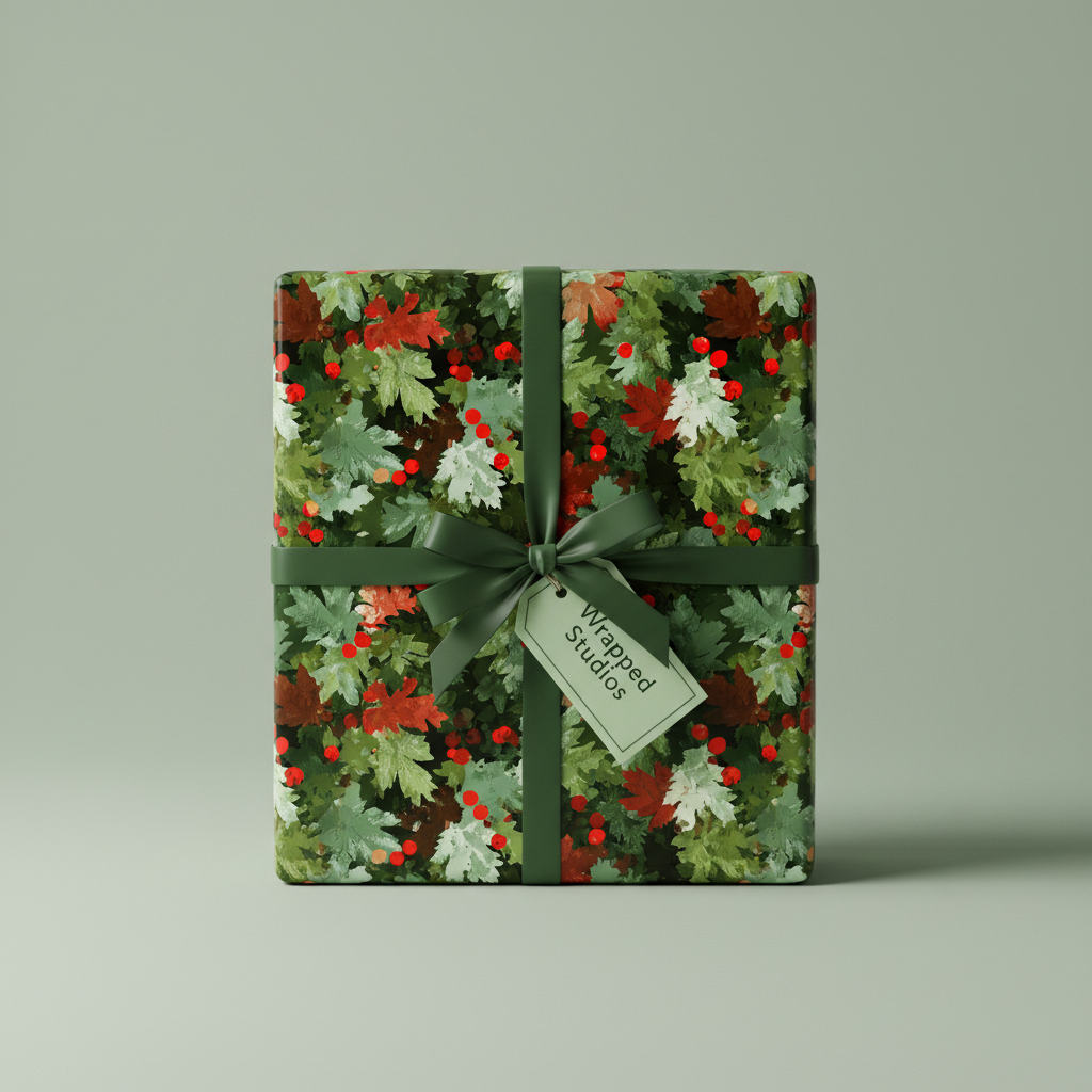 Elegant gift wrapped in floral Christmas wrapping paper with a green satin ribbon and berry accents.
