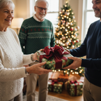 Family exchanging a Christmas gift wrapped in festive green floral Christmas wrapping paper with a red bow.