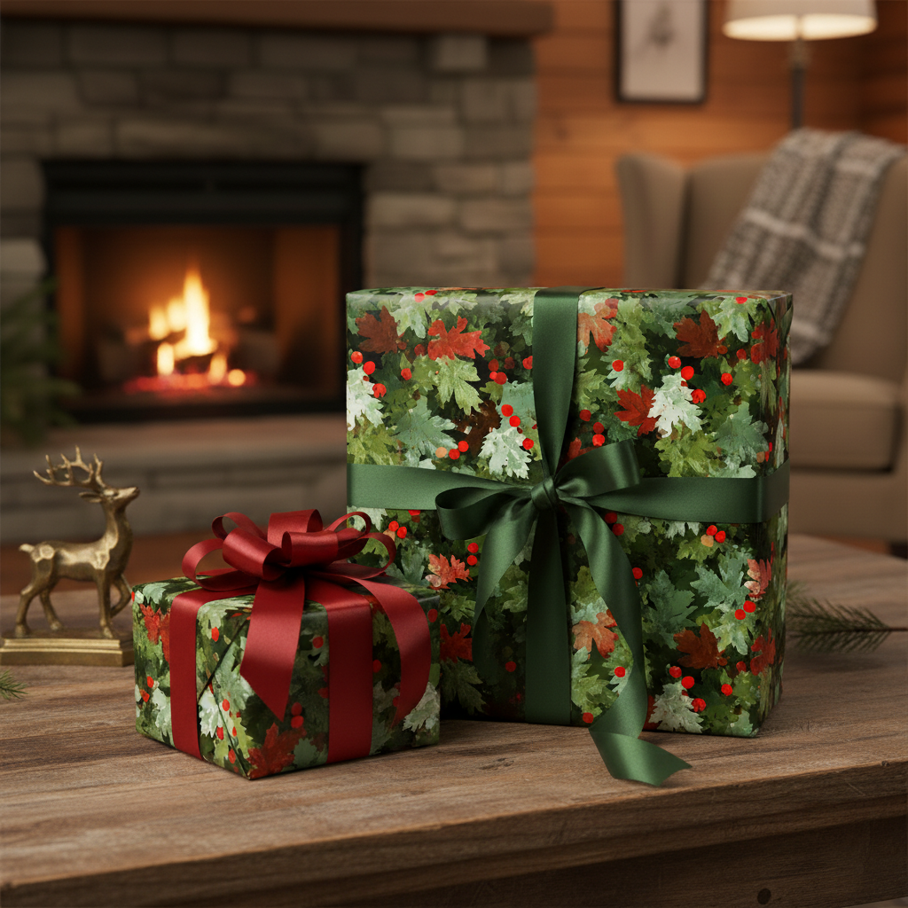 Festive Christmas gift wrap with an autumn leaf pattern and elegant satin ribbons beside a cozy fireplace.
