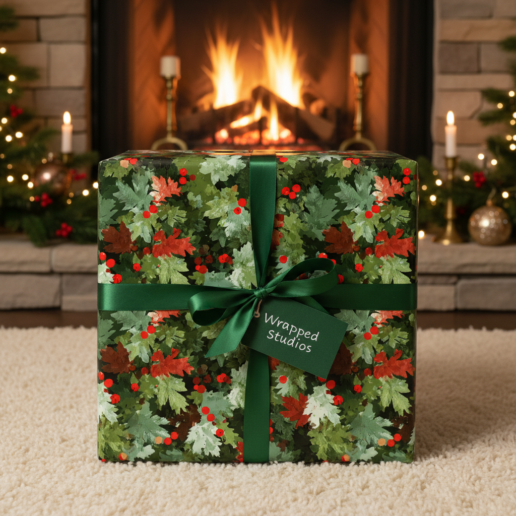 Christmas present wrapped in festive botanical wrapping paper with green ribbon by fireplace.