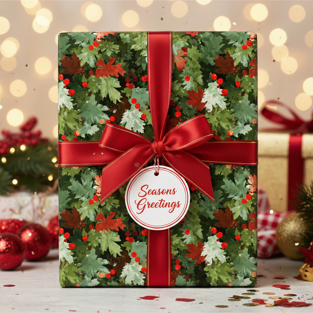 Festive gift wrapped in floral Christmas wrapping paper with a red ribbon and "Seasons Greetings" tag.
