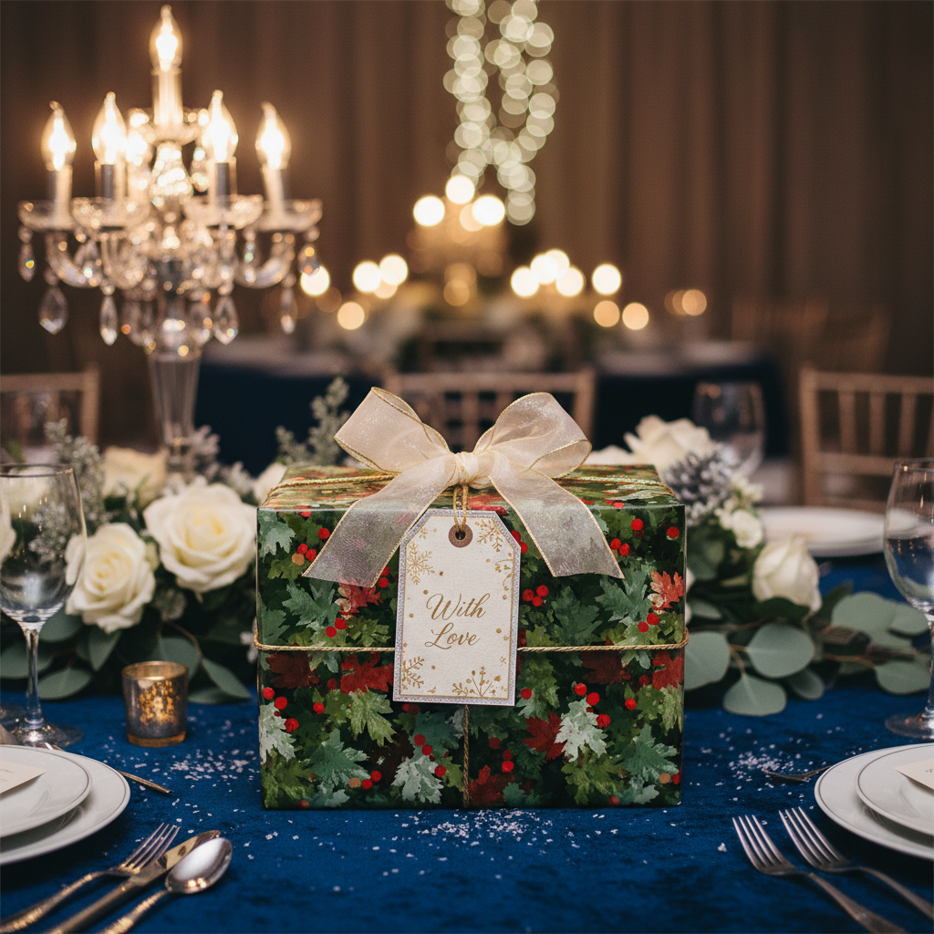 Elegant Christmas gift wrap with holly berry pattern, tied with cream ribbon and "With Love" tag, on blue table setting.
