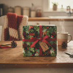 Rustic Christmas gift wrapped in floral wrapping paper with red ribbon on wooden table.