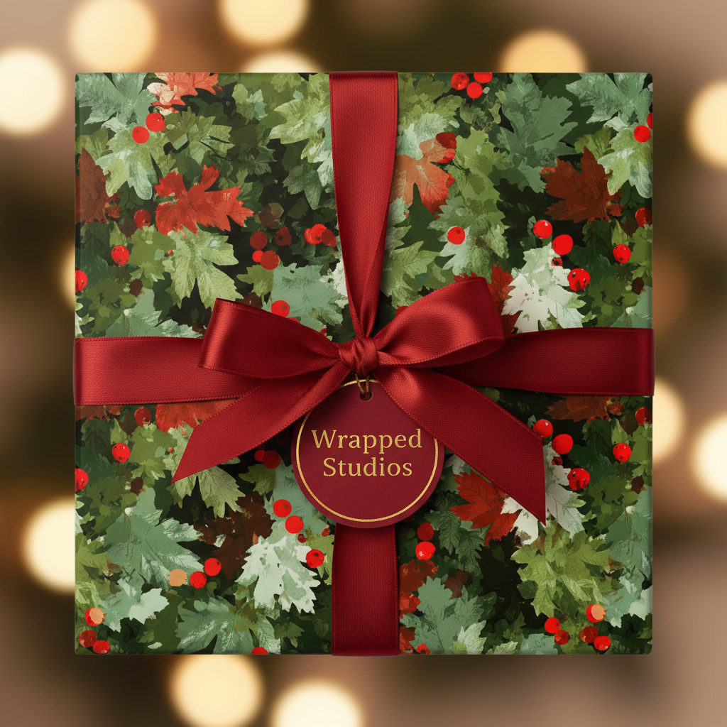 Elegant Christmas gift wrap with a red satin bow, featuring a festive foliage and berry pattern.