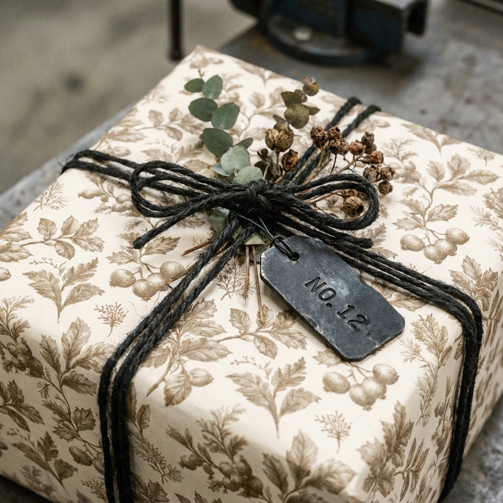 Cream vintage wrapping paper with brown botanical print, black twine bow, and rustic gift tag by Wrapped Studios.
