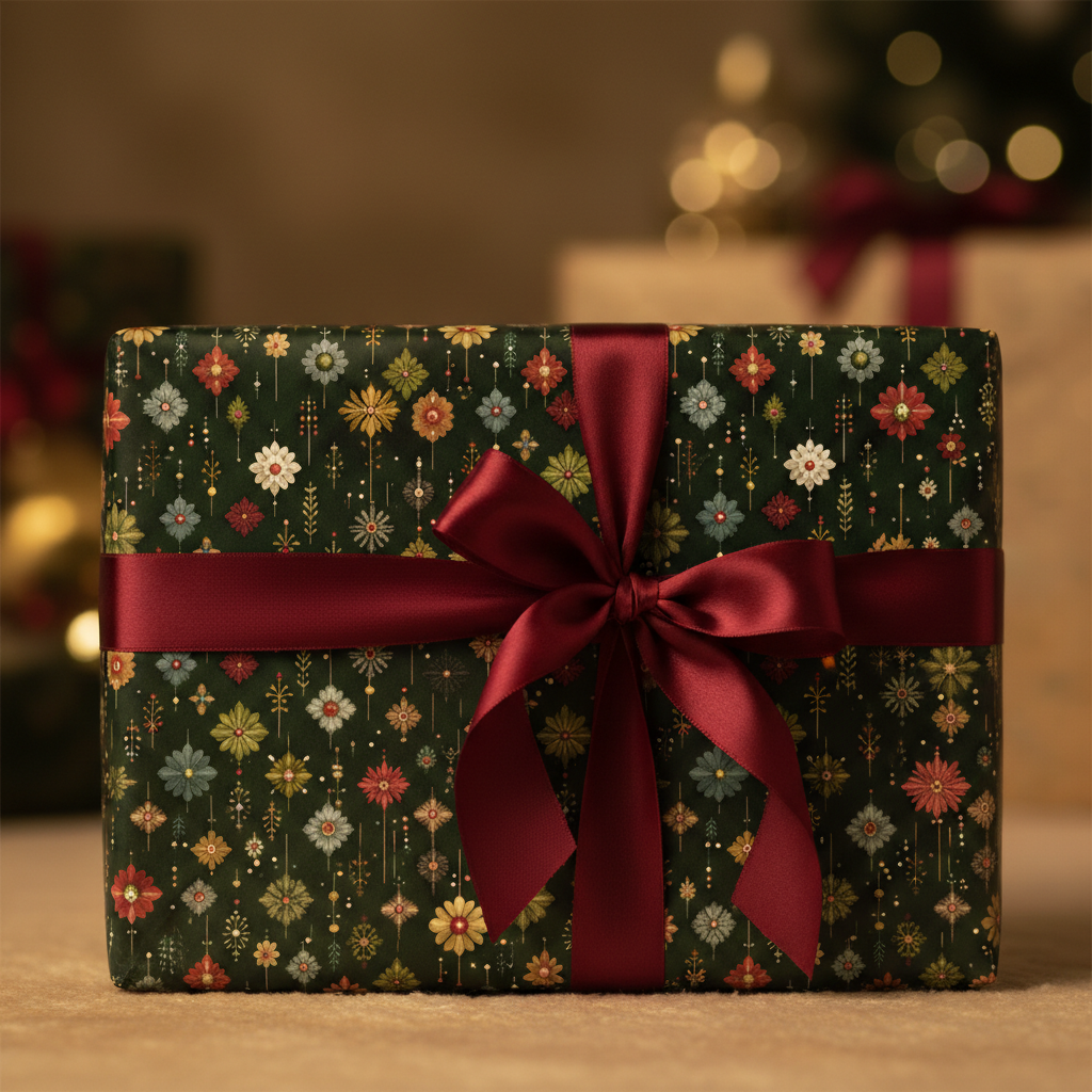 Dark floral wrapping paper with red ribbon, perfect for Christmas or birthday gifts.