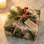 Vintage Christmas wrapping paper by Wrapped Studios on a gift box tied with twine and rustic winter berries.