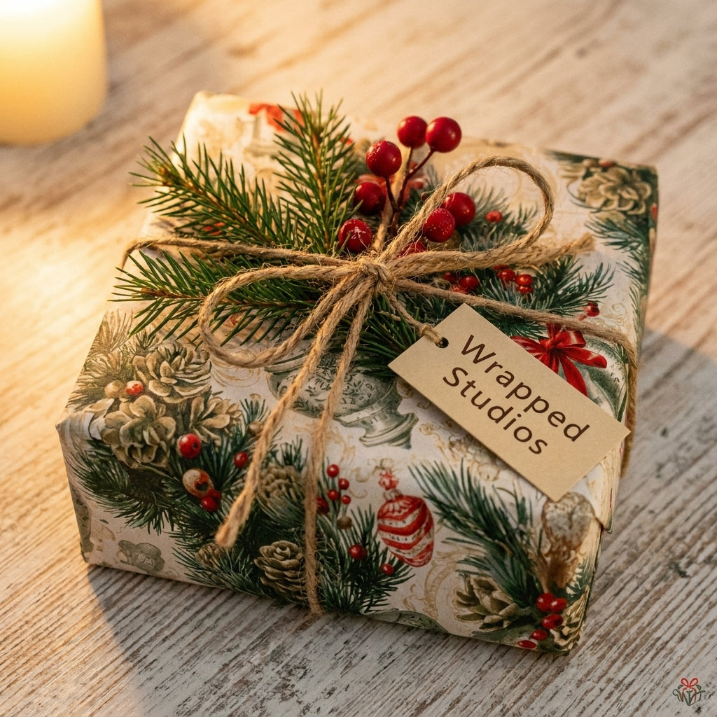 Vintage Christmas wrapping paper by Wrapped Studios on a gift box tied with twine and rustic winter berries.