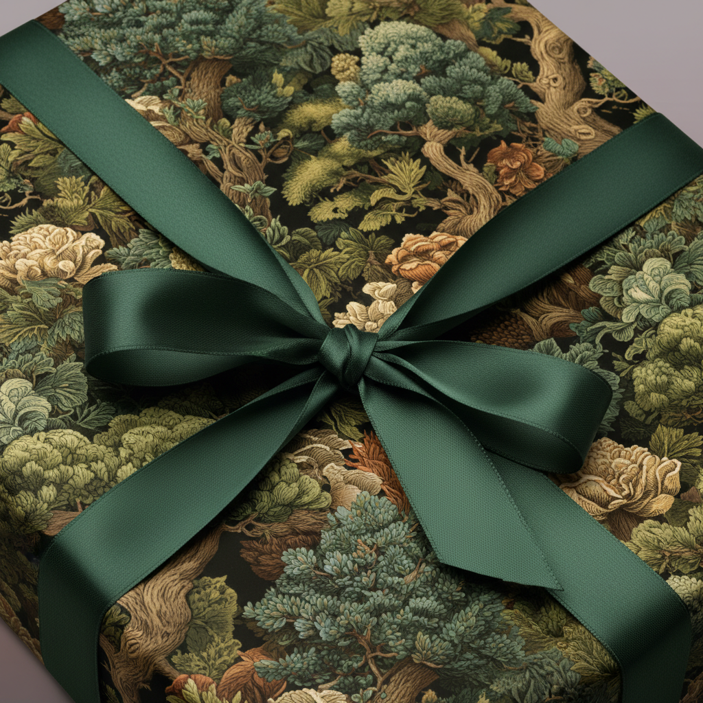 Square gift wrapped in floral wrapping paper with a dark green ribbon tied in a bow.
