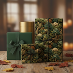 Elegant gifts wrapped in tree-patterned luxury wrapping paper with forest green ribbons and a gold container on wood surface.