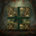 Elegant gift wrapped in vintage-style floral wrapping paper with a dark green velvet ribbon, set in an autumnal forest.