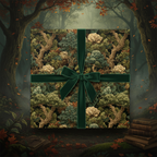 Elegant gift wrapped in vintage-style floral wrapping paper with a dark green velvet ribbon, set in an autumnal forest.