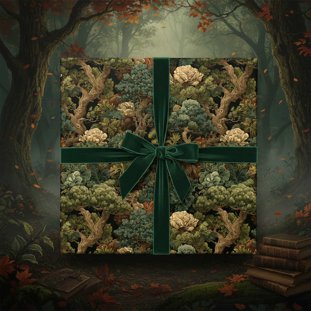 Elegant gift wrapped in vintage-style floral wrapping paper with a dark green velvet ribbon, set in an autumnal forest.