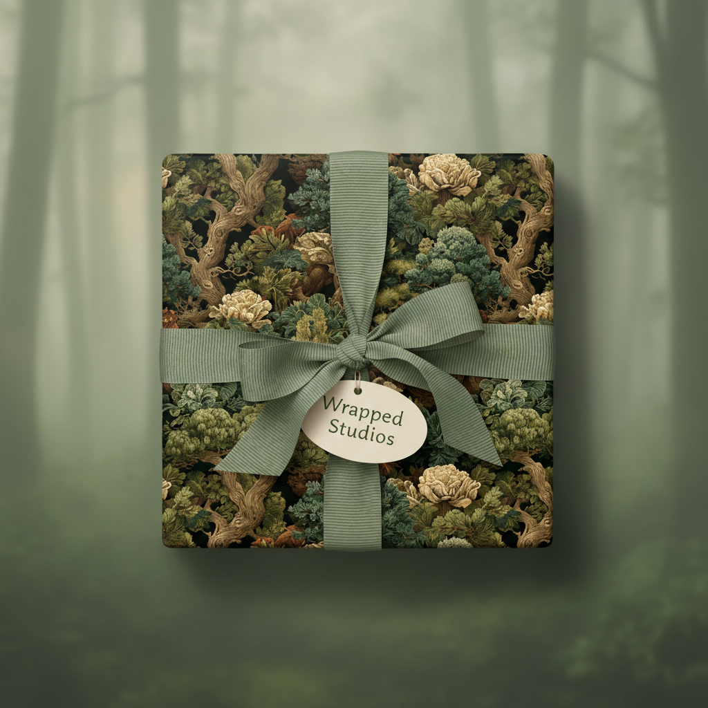 Elegant gift box wrapped in botanical forest themed wrapping paper with a sage green ribbon and tag.