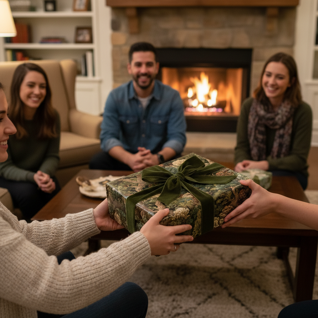 Woman handing over a gift wrapped in luxury floral paper with an olive green velvet ribbon.