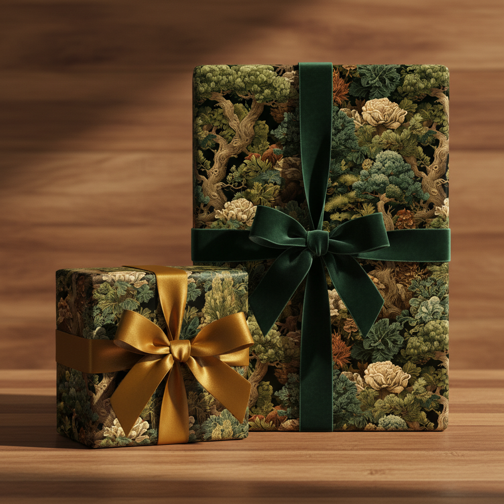 Elegant gifts wrapped in botanical wrapping paper with green velvet and gold satin ribbons.