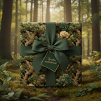 Elegant gift wrapped in forest-themed floral wrapping paper with a dark green ribbon and a gift tag in a woodland scene.