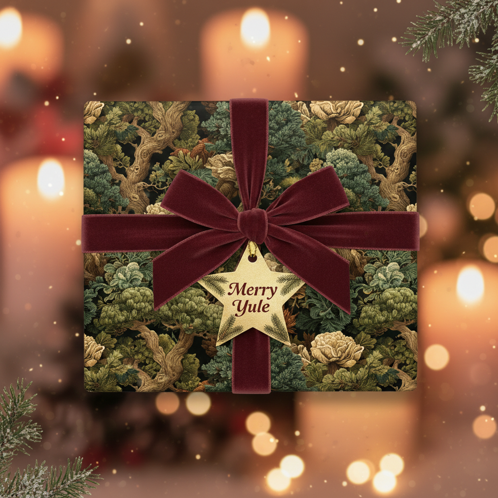 Elegant Christmas gift wrapped in floral paper, tied with a burgundy velvet ribbon and a "Merry Yule" tag.