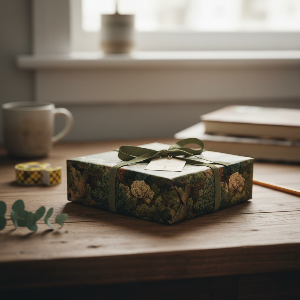 Elegant square gift wrapped in vintage floral wrapping paper with green ribbon on a wood table.