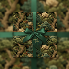 Square gift wrapped in luxury floral wrapping paper with emerald ribbon and bow.