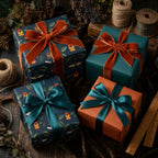 Elegant gift wrap with botanical and insect patterns, finished with velvet ribbons in rustic autumn colors.