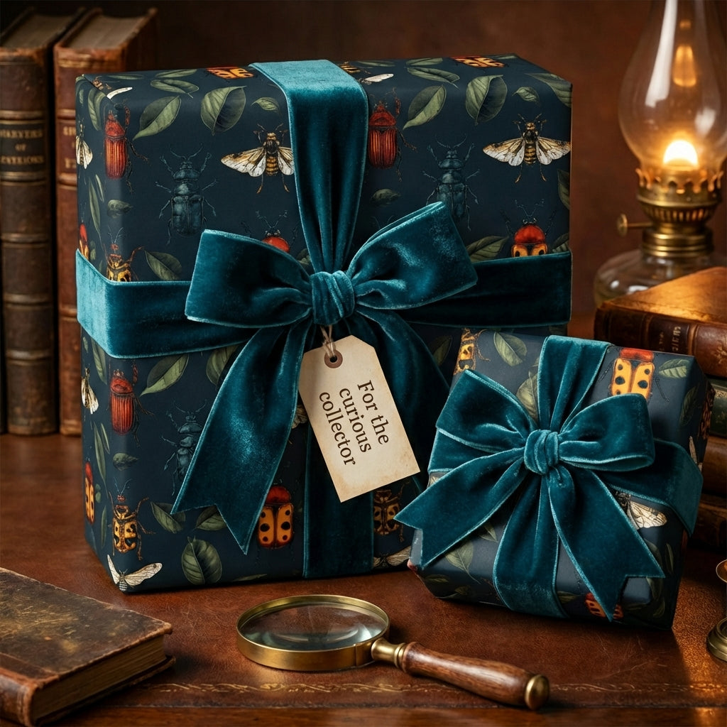 Elegant gifts wrapped in dark floral wrapping paper with beetles and velvet teal ribbon, perfect for the curious collector.