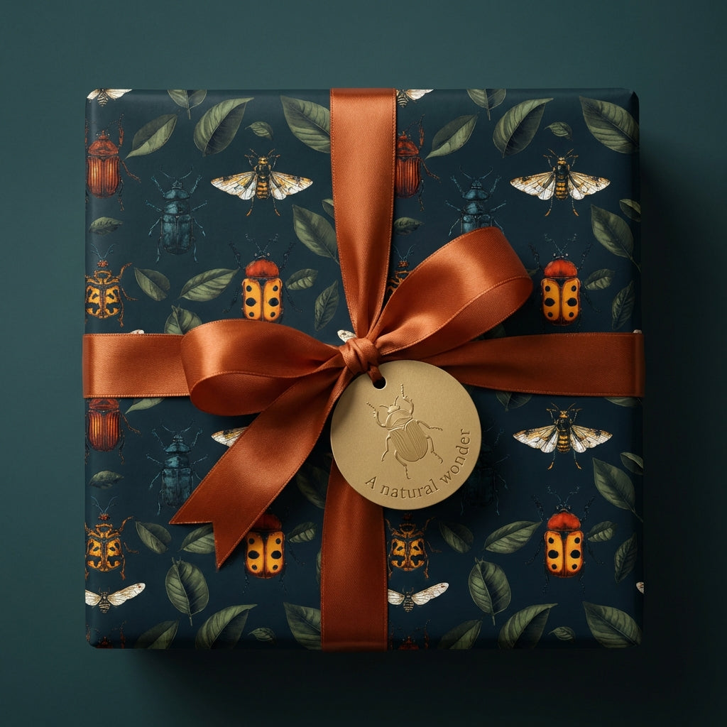 Elegant gift wrapped in dark blue paper with a nature-inspired beetle and leaf print, finished with a copper ribbon and tag.