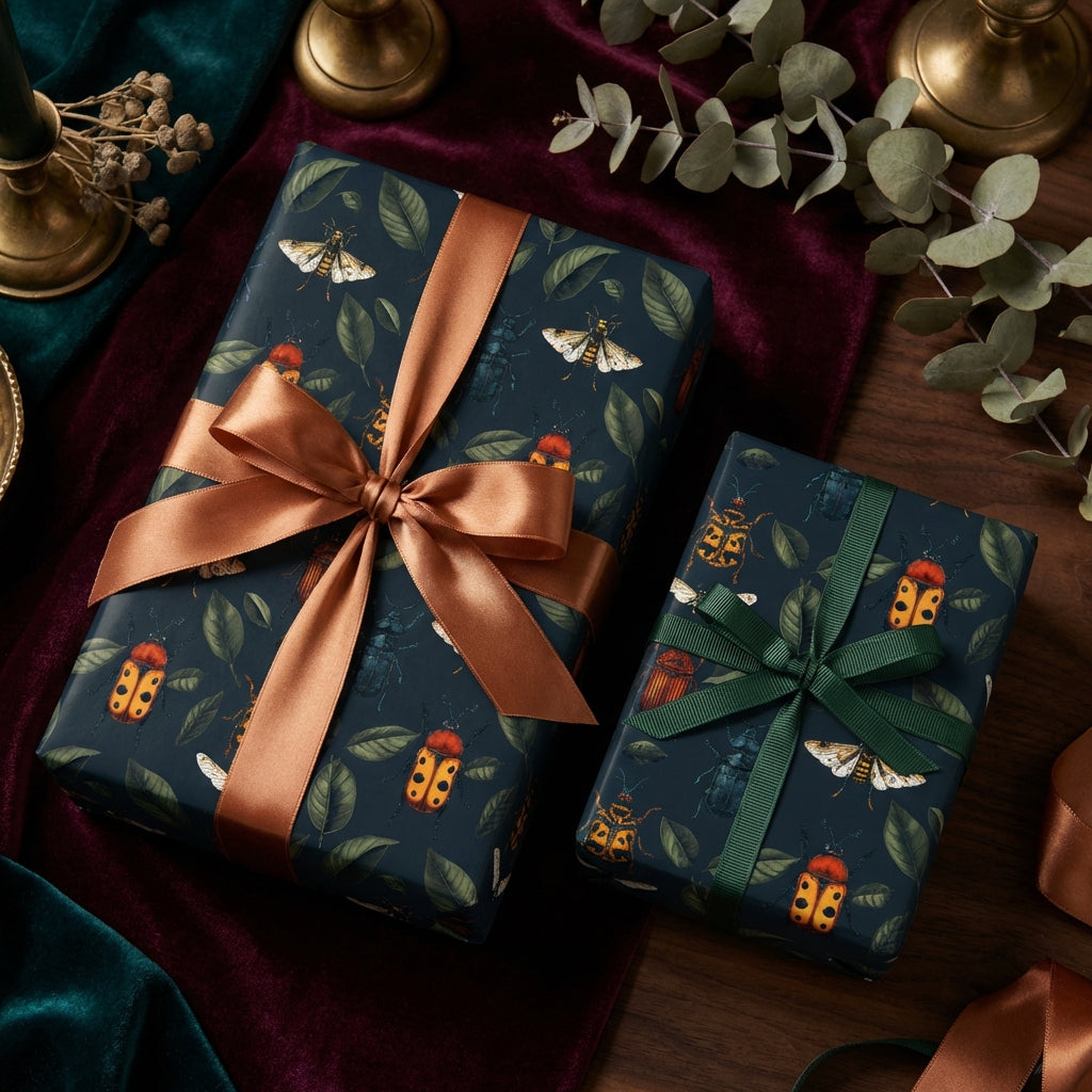 Elegant gift wrap: Navy wrapping paper featuring beetle and leaf pattern, tied with bronze and green satin ribbons.