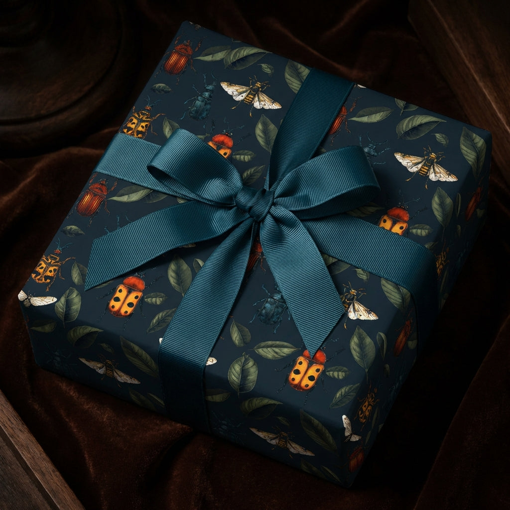 Close-up of a gift wrapped in botanical insect wrapping paper with a teal ribbon.