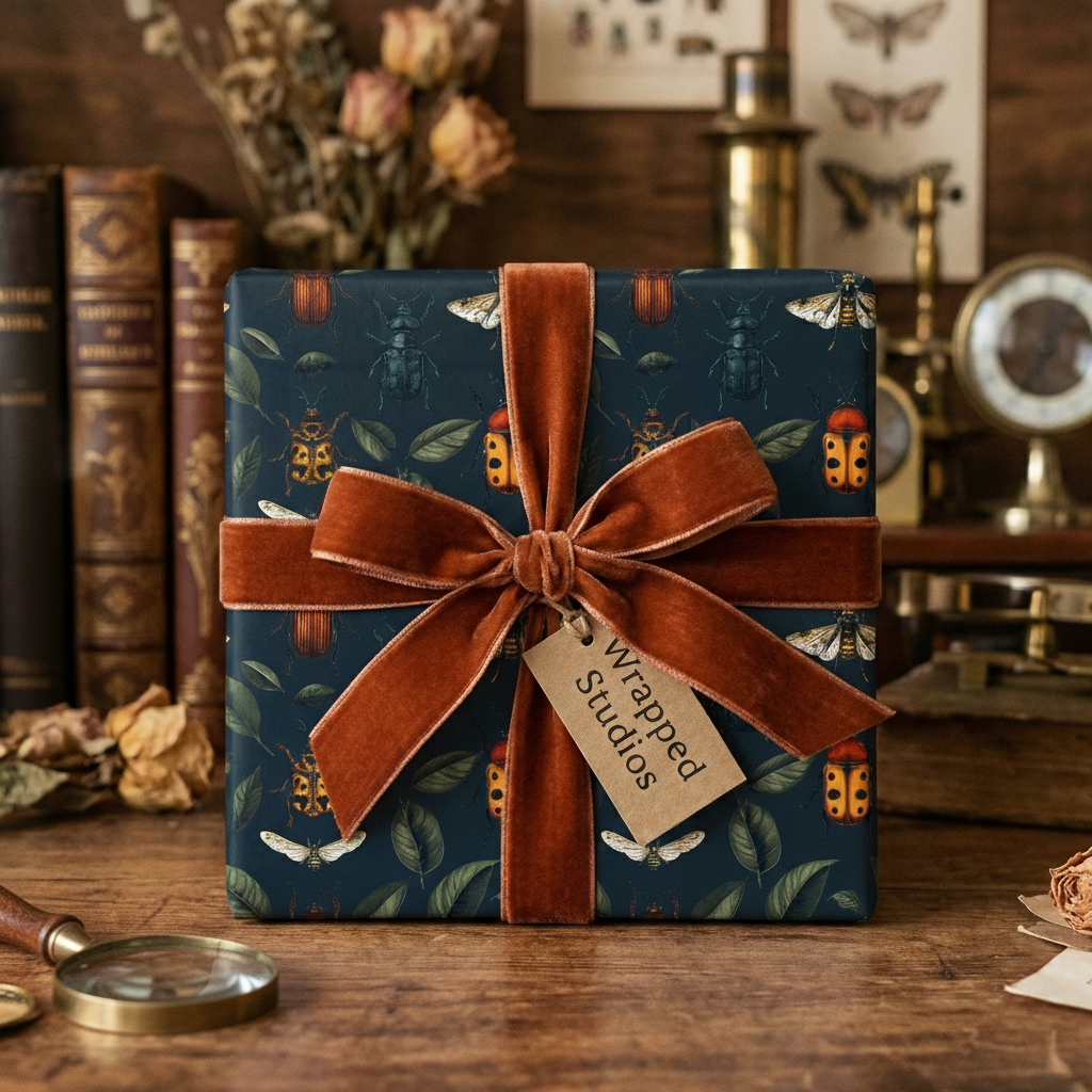 Elegant gift wrapped in dark blue entomology-themed wrapping paper with a velvet rust-colored ribbon and bow.