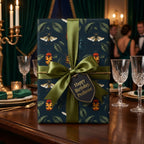 Elegant birthday gift wrapped in insect-themed paper with a satin olive ribbon and personalized tag.